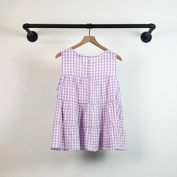 NWT ASOS Tiered Sleeveless Gingham Blouse in Purple & White - Picture 7 of 8